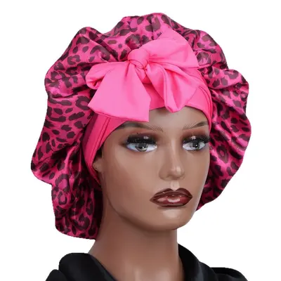 Leopard Print Drawstring Sleep Cap with Wide-Brim Beauty Hair Care Hat
