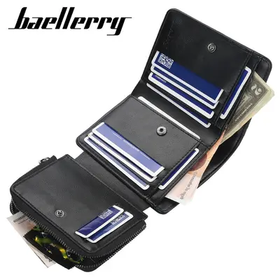 Men's Short Wallet with Multiple Card Slots and Zippered Coin Pocket - 4