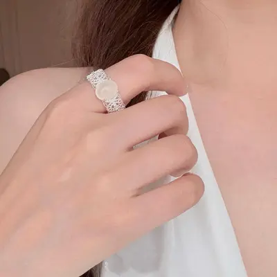 复古银色镂空蕾丝冰透鸽子蛋戒指新中式清冷感创意设计感百搭指环 - 3