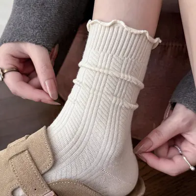 White Lace Trim Women's Mid-Calf Cotton Socks, Thin Summer Style - 11