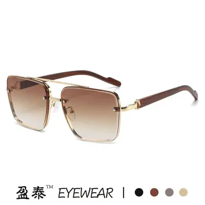 Square metal double-bridge sunglasses with wood-grain temples - 5
