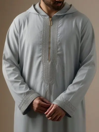 Men's Long Sleeve Hooded Robe with Side Pockets and Rope Embroidery - 7