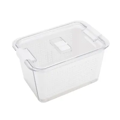 Kitchen refrigerator storage container with dividers and drain
