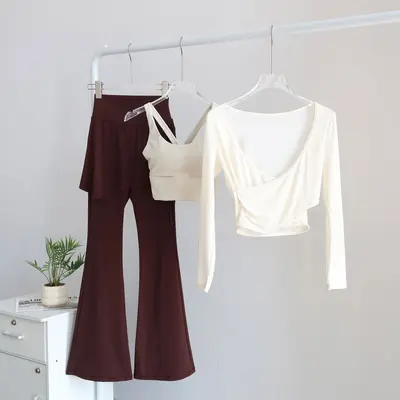 Yoga-Hose mit hohem Bund, Langarmshirt, 3-teiliges Set - 10