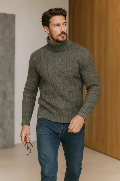 Herren-Rollkragenpullover im Zopfmuster, große Größen, einfarbig, Wolle - 12
