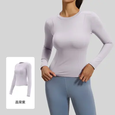 Juyitang Long-Sleeve Yoga Top, Round Neck, Slim Fit Sports T-Shirt - 11