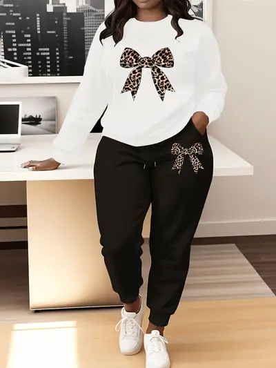 Women's Leopard Print Bow Long Sleeve Round Neck Sweatshirt Set - 8