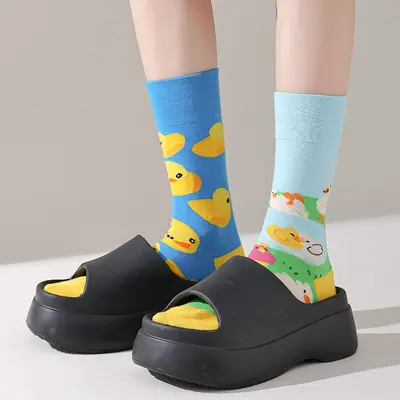 Men's and Women's Asymmetrical Cartoon Cotton Socks, Mid-Calf