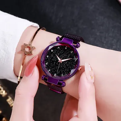 Starry Sky Diamond Patterned Women's Watch Fashion Round Dial Rose Gold Milan Magnetic Mesh Band Light Luxury Women's Watch Wholesale