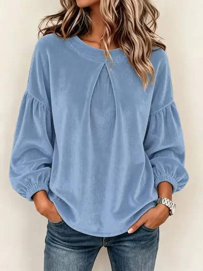 2026 European and American Cross-Border Women's Clothing Amazon Patchwork Lantern Sleeve Velvet Round Neck Solid Color Minimalist Long Sleeve Top T-Shirt