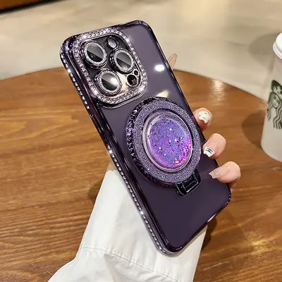 Transparent Soft iPhone 15 Case, Electroplated, Magnetic, Rhinestone Stand - 9