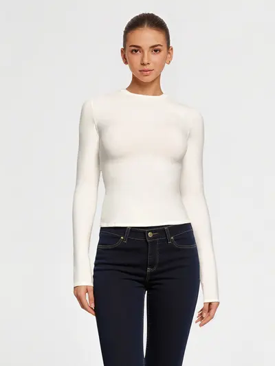 Fitted Drop-Shoulder Women's Long-Sleeve T-Shirt, Fleece-Lined, Autumn/Winter