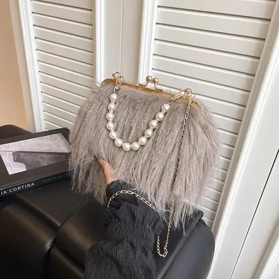 Retro Plush Women's Bag, Pearl Chain, Small Square, Single Shoulder Strap - 10