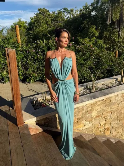 Metal Halter Neck Deep V Beach Dress with Side Cut-Outs and Pleats, Long - 10
