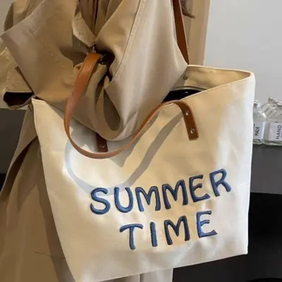 Women's Embroidered Letter Canvas Tote Bag, Large Capacity, Single Shoulder - 3