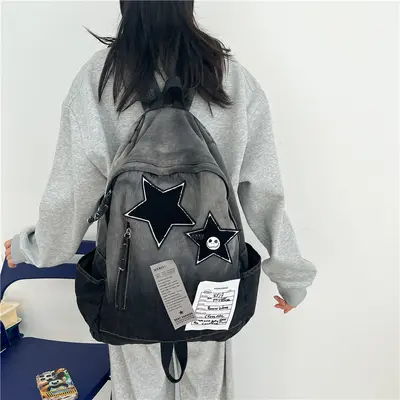 Gradient Denim Star Vintage School and Travel Backpack - 3
