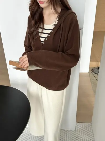 Damen-Strickpullover mit Kapuze, falscher Zweiteiler, gestreift, V-Ausschnitt - 7