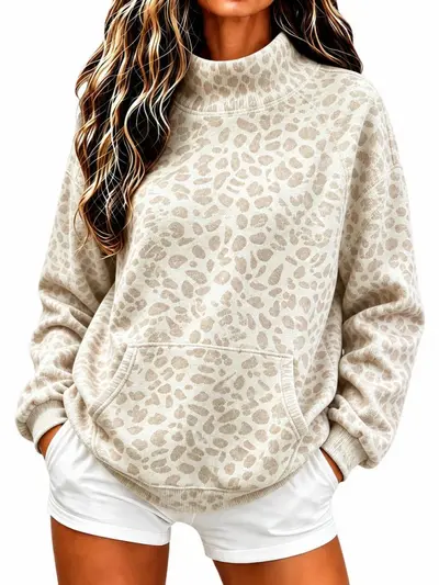 Women's Leopard Print High-Neck Sweatshirt, Loose Fit, Long Sleeve, Autumn Winter