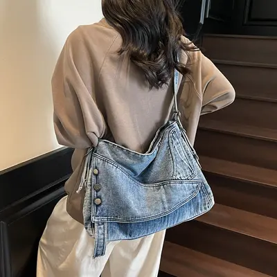 Women's Denim Tote Bag, Large Capacity, Single-Shoulder, Commuter Bag - 3