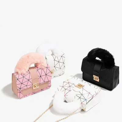 Women's Chain Handbag, Geometric Print Plush, Small Square Design - 1
