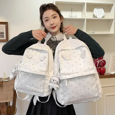 Blue Polka Dot Retro Backpack, Small Capacity, Japanese Style - 2