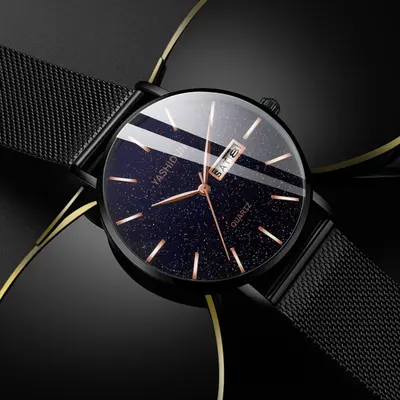 Men's quartz watch, waterproof, dual calendar, starry sky design