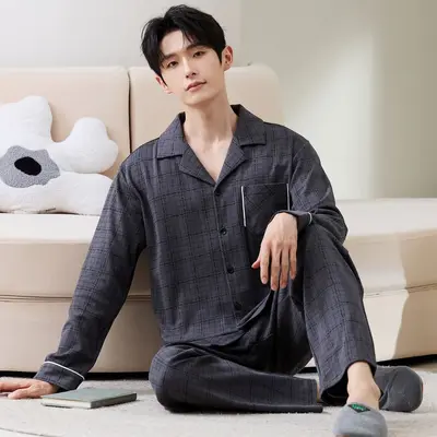 Men's Cotton Long-Sleeve Cardigan Pajama Set, Plus Size