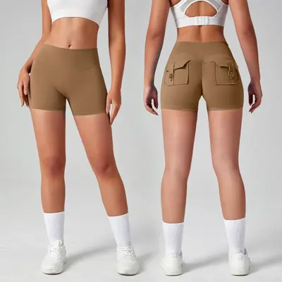 Women's Peach Hip Yoga Shorts with Cargo Pockets, Quick-Dry - 2