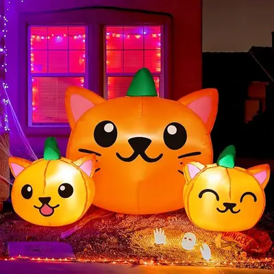 5 FT Halloween Aufblasbarer Katzenkopf-Kürbis mit LED-Beleuchtung