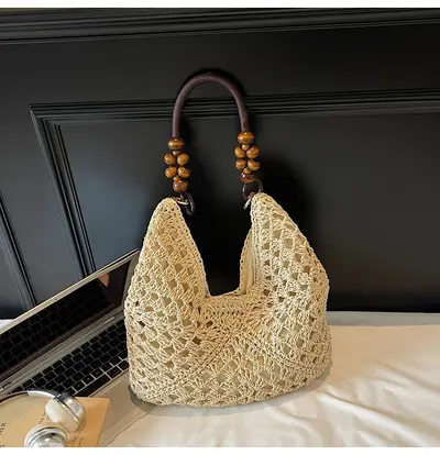 2026 Model Woven Straw Bag with Wooden Beads, Single Shoulder, Large Capacity - 9