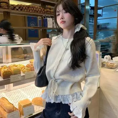 Ruffle Trim Knit Cardigan for Women, Round Neck, Single-Breasted, Autumn Winter Long Sleev