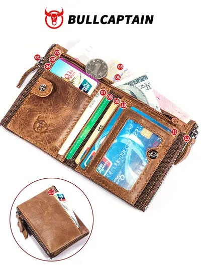 Men's Retro Genuine Leather Zipper Wallet, Vertical, Top-Grain Cowhide - 6