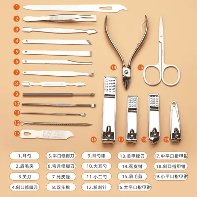 Stainless steel manicure set, 19 pieces, nail clippers and pedicure tools