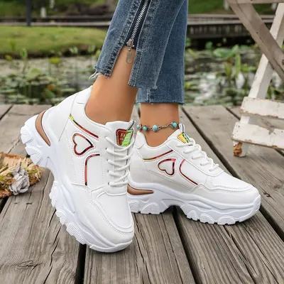 Women's Chunky Dad Sneakers with Hidden Heel, Plus Size, White