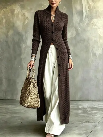 Damen-Strickjacke mit Knöpfen, lang, lässiger langer Mantel - 11