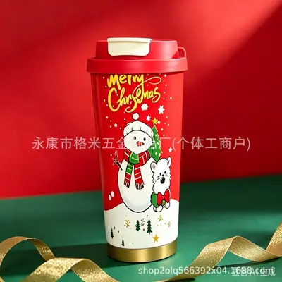 跨境新款圣诞节卡通印花保温杯圣诞树雪人便携水杯不锈钢直饮杯