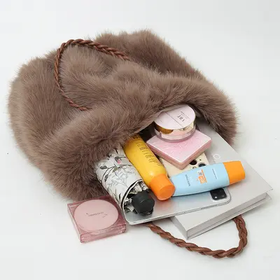 Women's Plush Bag, Faux Fox Fur Look Shoulder Crossbody Bag, Large Capacity Tote - 4