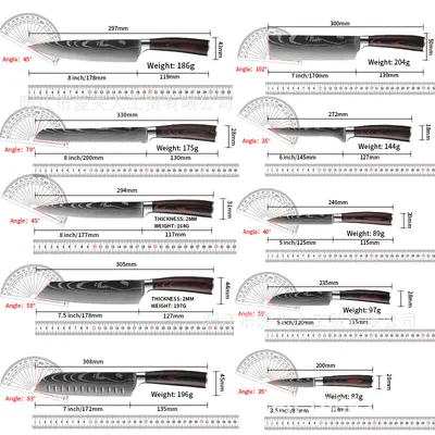 Damascus Pattern Stainless Steel Kitchen Knife Set with Chef and Santoku Knives