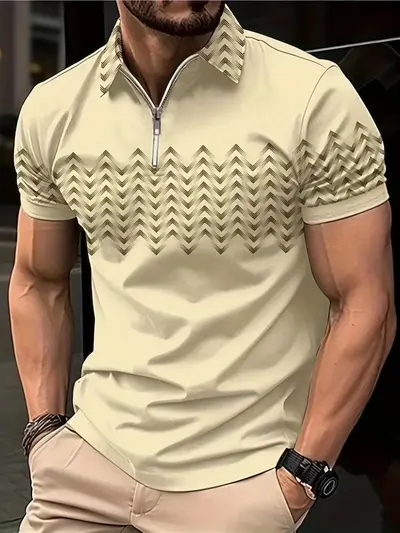 Men's 3D Gradient Print Zip Polo Shirt, Short Sleeve, Plus Size - 12