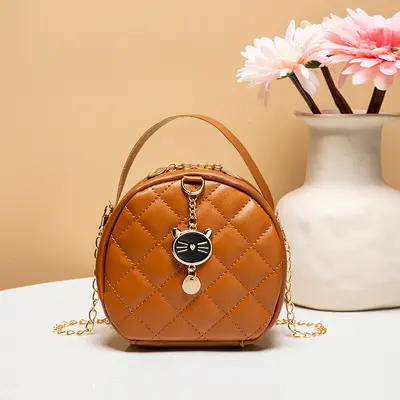 Diamond Quilted Mini Chain Women's Handbag, Small Round Bag - 11