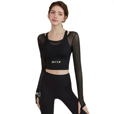 Damen Yoga-Set, Fake-Zweiteiler Langarm, Lauf- und Pilates-Sportbekleidung