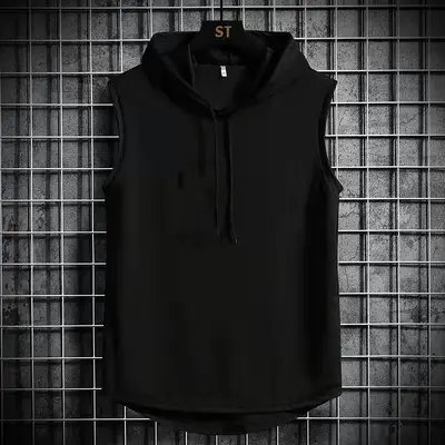 Men's Hooded Sleeveless Vest, Loose Fit, Solid Color Sports Top - 8