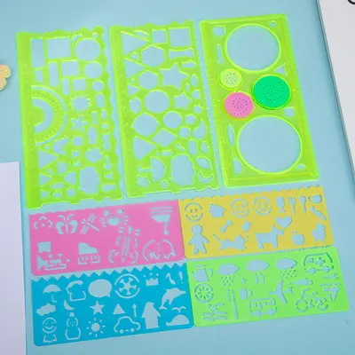 7 parçalı çocuk çizim şablonu seti, plastik geometri cetveli - 8