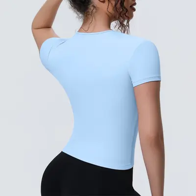 Grenzüberschreitender neuer Sports-T-Shirt mit nacktem Gefühl, Taillenraffinierung, figurbetonter Kurzarm, atmungsaktive Yoga-Trainingsober- und Lauftraining-Fitnessshirt für Damen