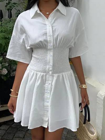White Women's Vacation Dress, Solid Color, Waist-Cinching, Short Sleeve Shirt Dress