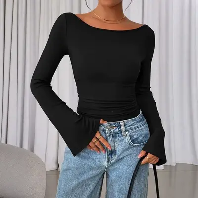 Grenzüberschreitende Amazon-Pullover-Strickoberteile für Damen, Herbst, mit Glöckchen, langärmlig, schlank geschnitten, plissiert, Girlie-Stil, zum Überziehen als Oberbekleidung