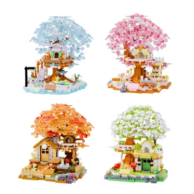 Kiraz çiçeği ağacı evi yapı taşı modeli, el yapımı kız oyuncağı - 5