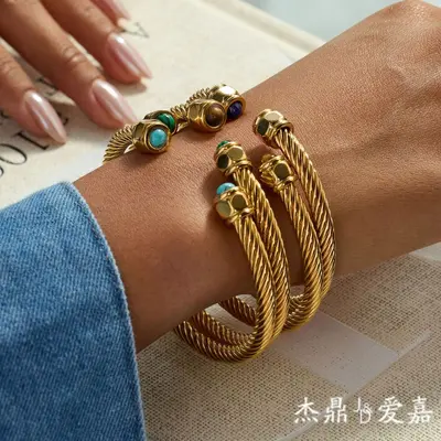 Natural Stone Titanium Steel Open Bangle, Non-Fading