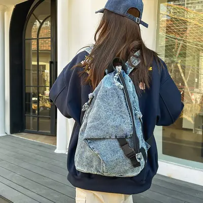 Washed Canvas Backpack, Irregular Niche Design, Denim School Bag for Girls - 3