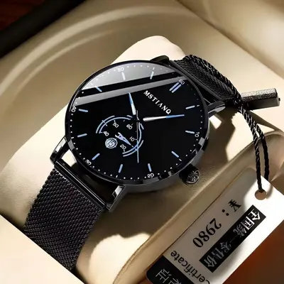 Black technology leather strap men's watch, Korean style, ultra-thin design - 7